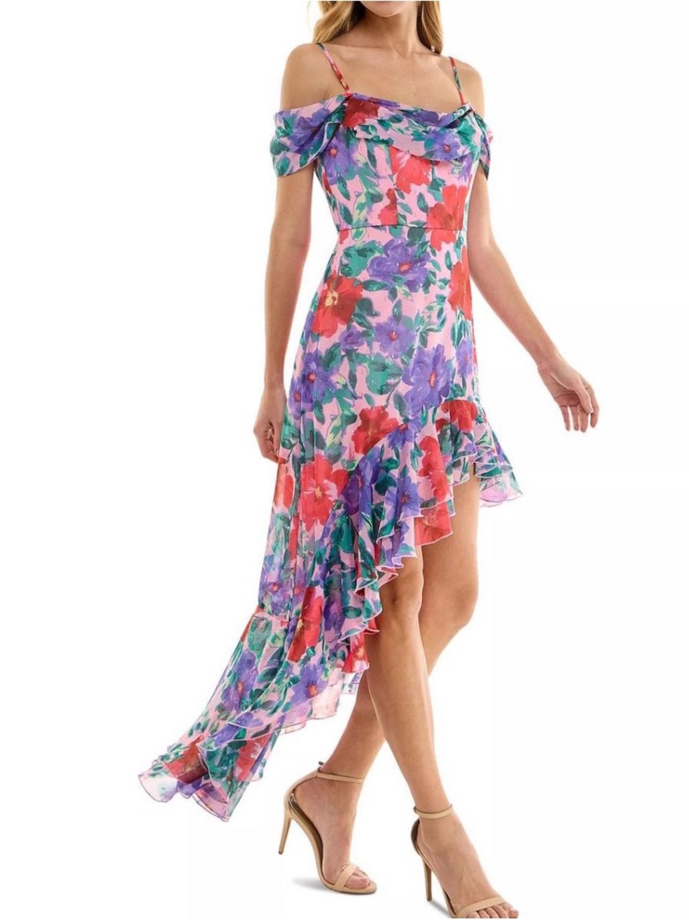 City Studio Pink, Purple & Green Asymmetrical Floral Off-Shoulder Dress